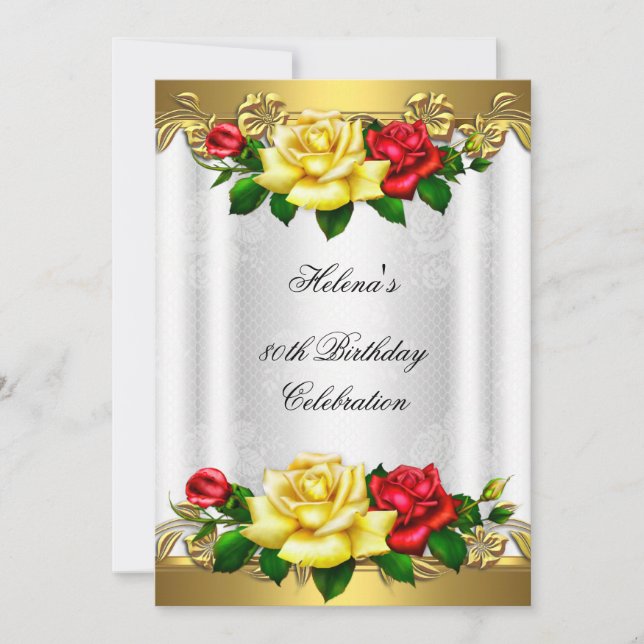 80th Birthday Party Elegant Red Gold Roses Lace Invitation (Front)