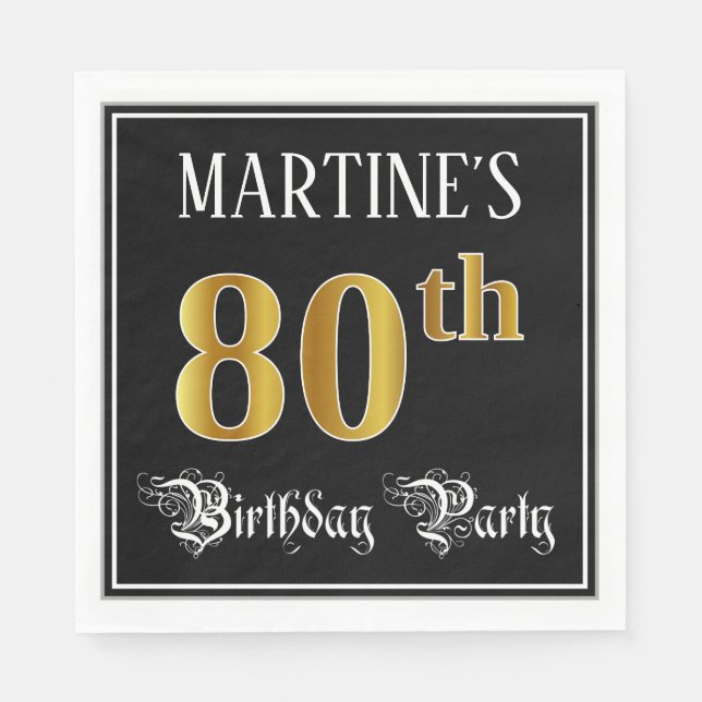 80th Birthday Party — Fancy Script, Faux Gold Look Napkin (Front)