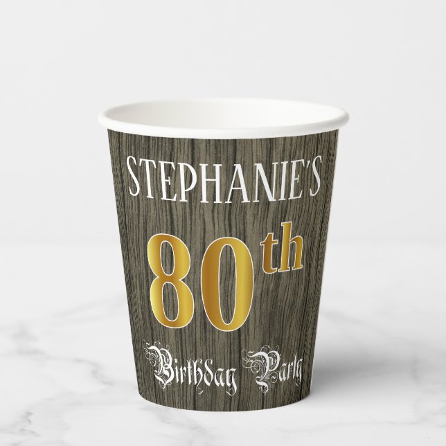 80th Birthday Party — Faux Gold & Faux Wood Looks Paper Cups (Back)