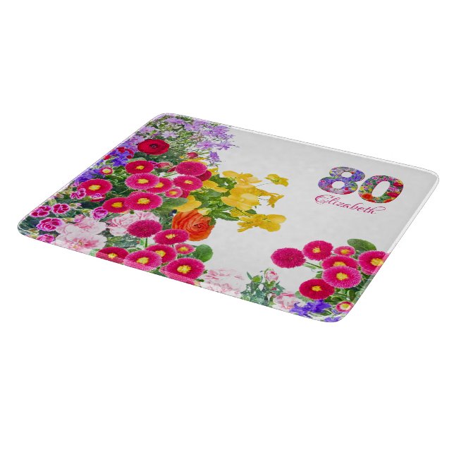 80th birthday party floral bouquet cutting board (Corner)