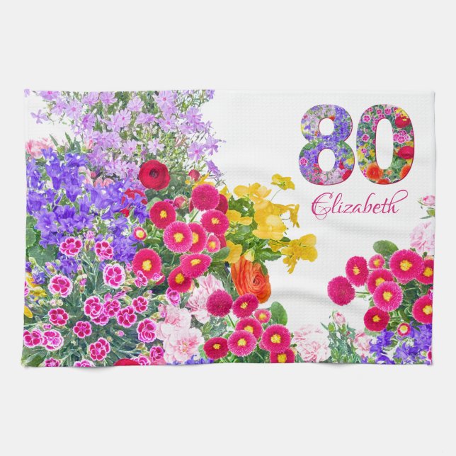 80th birthday party floral bouquet kitchen towels (Horizontal)