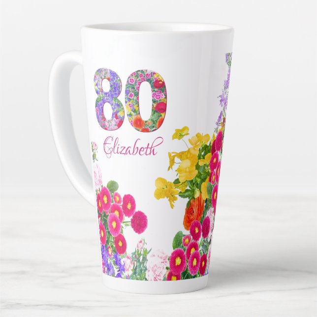 80th birthday party floral bouquet latte mug (Left Angle)