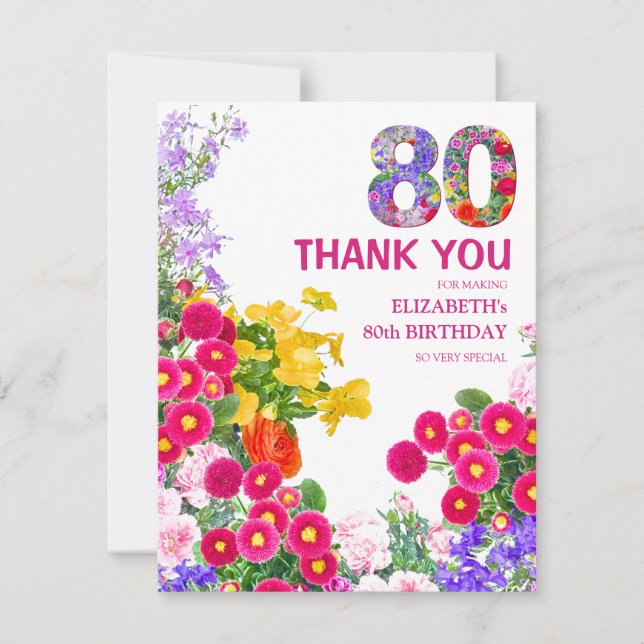 80th birthday party floral flat thank you card (Front)