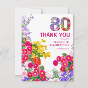80th birthday party floral flat thank you card