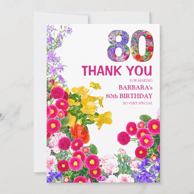 80th birthday party floral flat thank you card (Front)