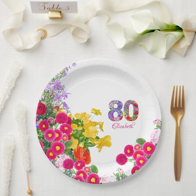 80th Birthday Party Floral Flowers Modern 80 Years Paper Plate (Wedding)
