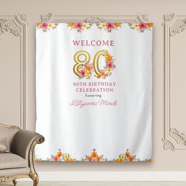80th Birthday Party Floral Gold Number 80 Backdrop Tapestry (80th Birthday Party Backdrop from my Floral Number Birthday Party Collection)