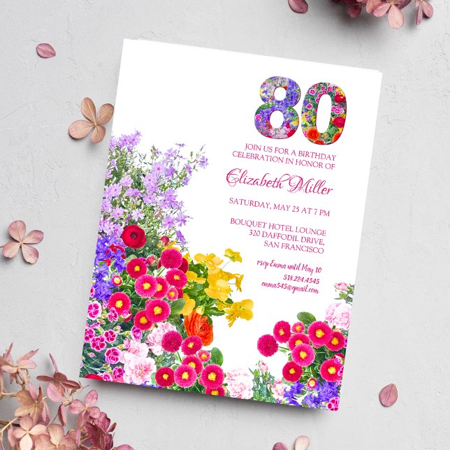 80th birthday party floral modern invitation postcard (Creator Uploaded)