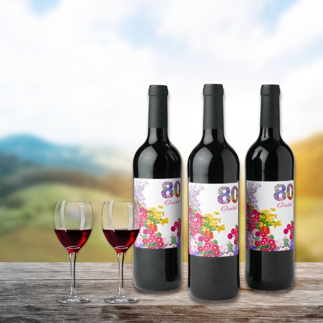 80th birthday party flower bouquet wine labels (Creator Uploaded)