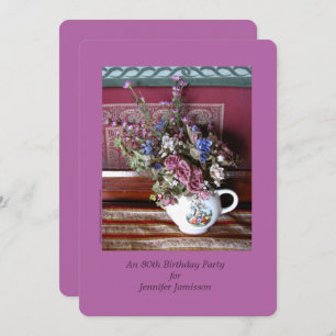 80th Birthday Party Flowers Vintage Teapot Purple Invitation