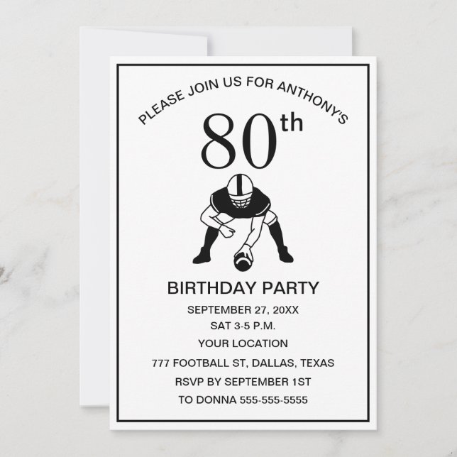 80th Birthday Party Football Black Dad Sport Invitation (Front)