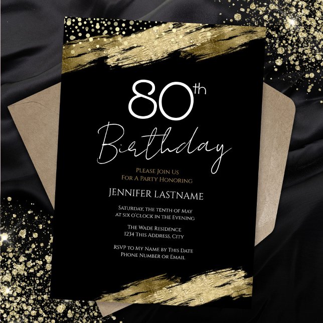 80th Birthday Party Gold Black Invitation (Creator Uploaded)