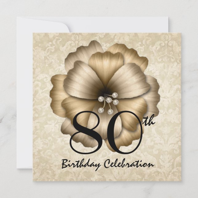 80th Birthday Party Gold Flower Bow Square Invitation (Front)