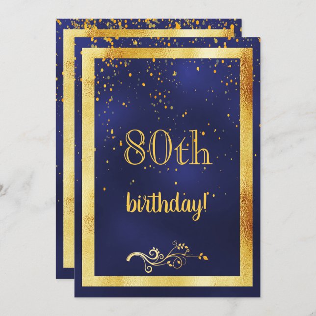 80th birthday party gold frame blue invitation (Front/Back)