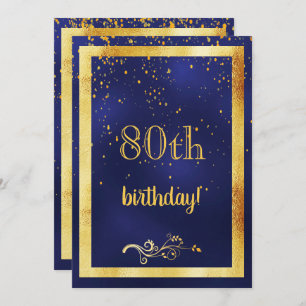 80th birthday party gold frame blue invitation