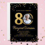 80th Birthday Party Gold Glitter Confetti Photo Invitation<br><div class="desc">Celebrate in style with this fun, festive 80th birthday party invitation featuring the birthday person’s photo framed by faux gold glitter accents and a stunning black background. Classic and elegant yet super fun and festive - the perfect invitation to make the birthday girl/guy feel special. Please check out the birthday...</div>