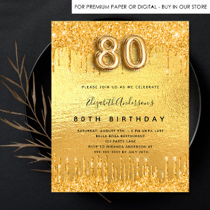 80th birthday party gold glitter drips invitation postcard