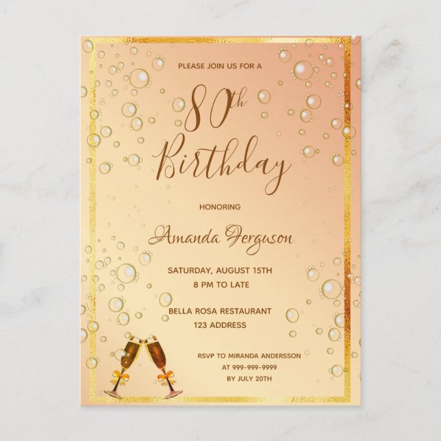80th birthday party gold invitation postcard (Front)