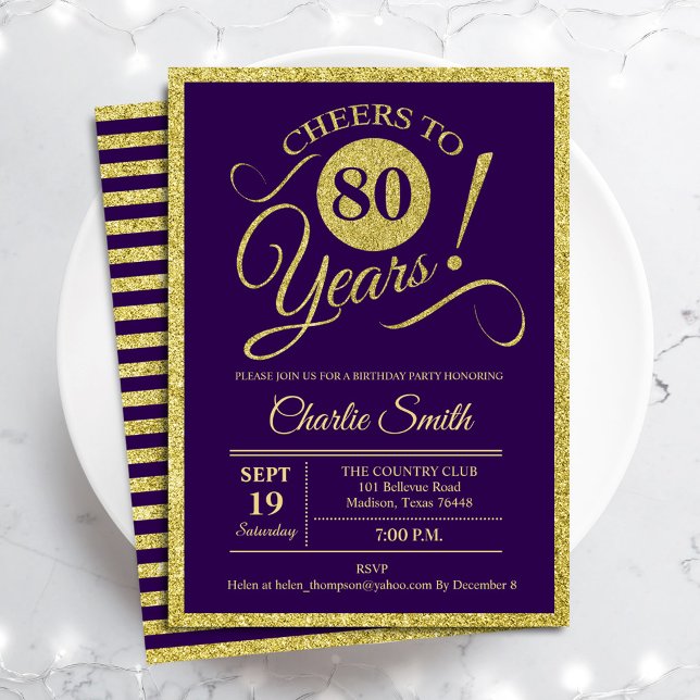 80th Birthday Party - Gold Purple ANY AGE Invitation (Creator Uploaded)