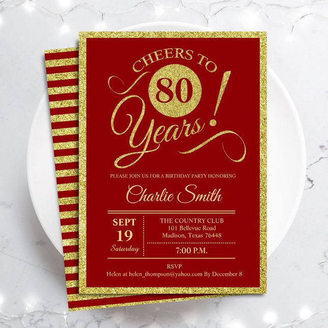 80th Birthday Party - Gold Red ANY AGE Invitation (Creator Uploaded)