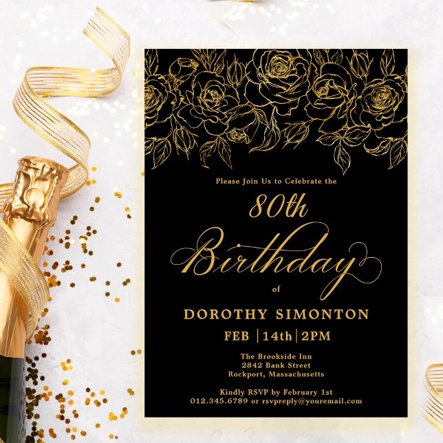 80th Birthday Party Gold Rose Floral Black Invitation (Creator Uploaded)