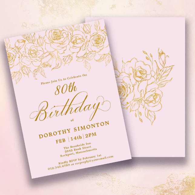 80th Birthday Party Gold Rose Floral Blush Pink Invitation (Creator Uploaded)