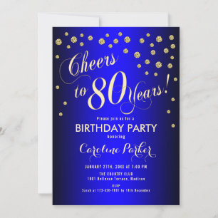 80th Birthday Party - Gold Royal Blue Invitation
