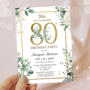 80th Birthday Party Gold Watercolor Greenery Invitation