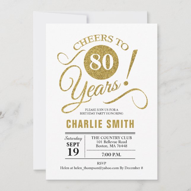 80th Birthday Party - Gold White Invitation (Front)