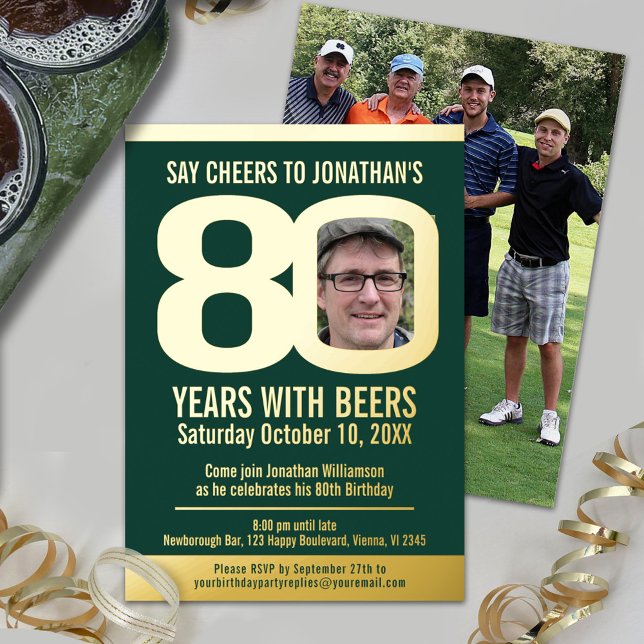 80th Birthday party green gold foil photo beer (Creator Uploaded)