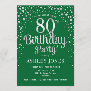 80th Birthday Party - Green & Silver Invitation