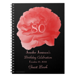 80th Birthday Party Guest Book, Coral Pink Rose Notebook
