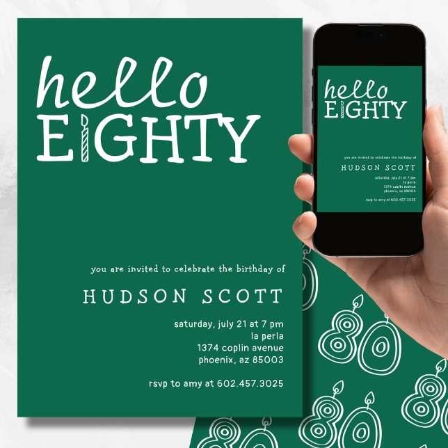  80th Birthday Party Hello Eighty Modern Green Invitation (Creator Uploaded)