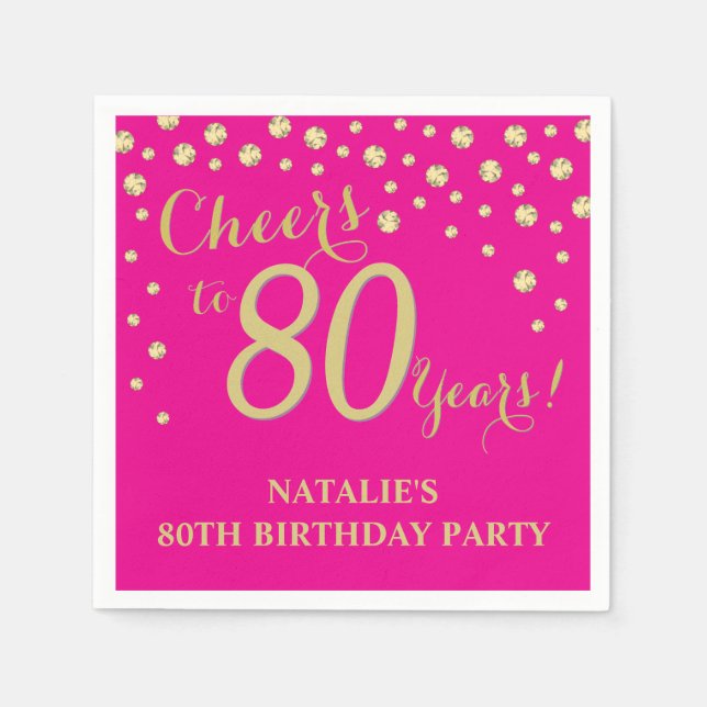 80th Birthday Party Hot Pink and Gold Diamond Napkin (Front)