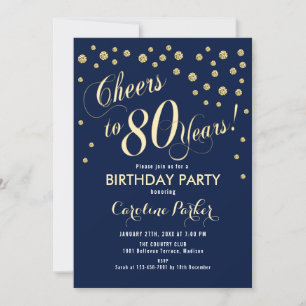 80th Birthday Party Invitation - Gold Navy