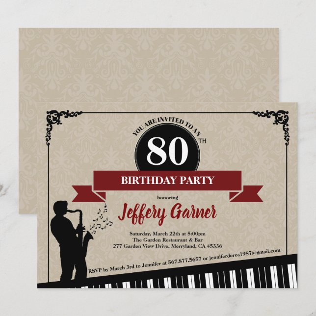 80th birthday party invitation Jazz music theme (Front/Back)