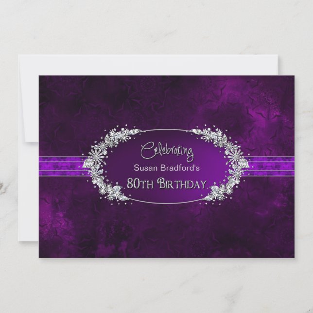 80TH BIRTHDAY PARTY INVITATION - PURPLE/GEMS (Front)