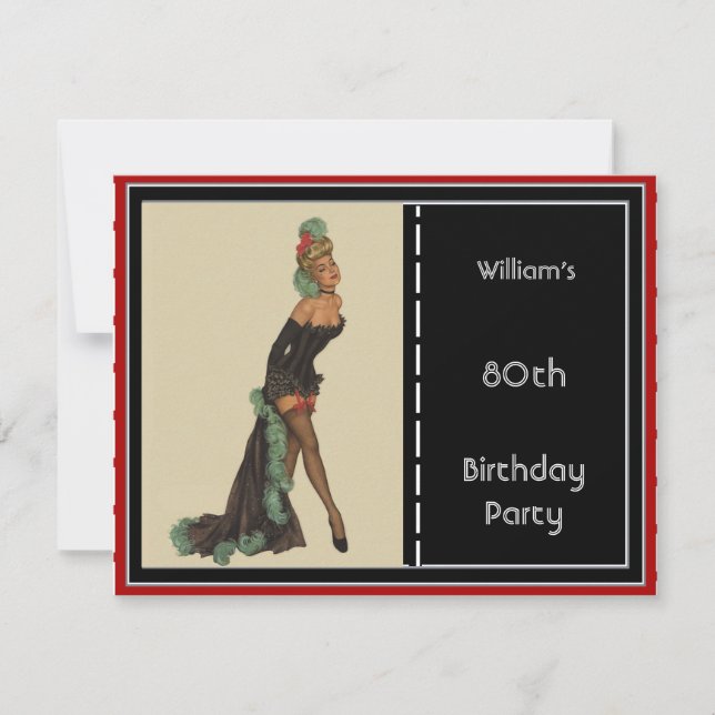 80th Birthday Party Invitation Red Black Pin-up (Front)