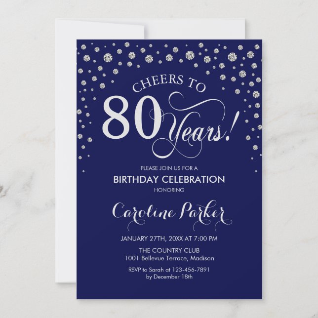 80th Birthday Party Invitation - Silver Navy Blue (Front)