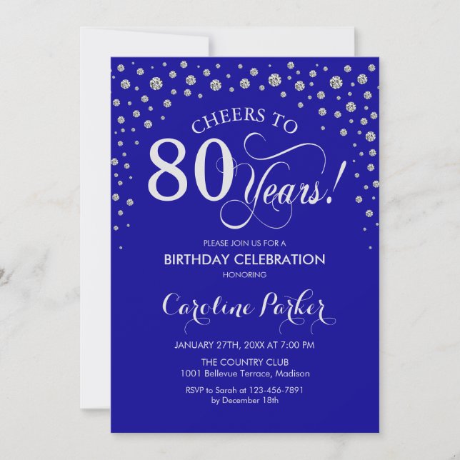 80th Birthday Party Invitation - Silver Royal Blue (Front)