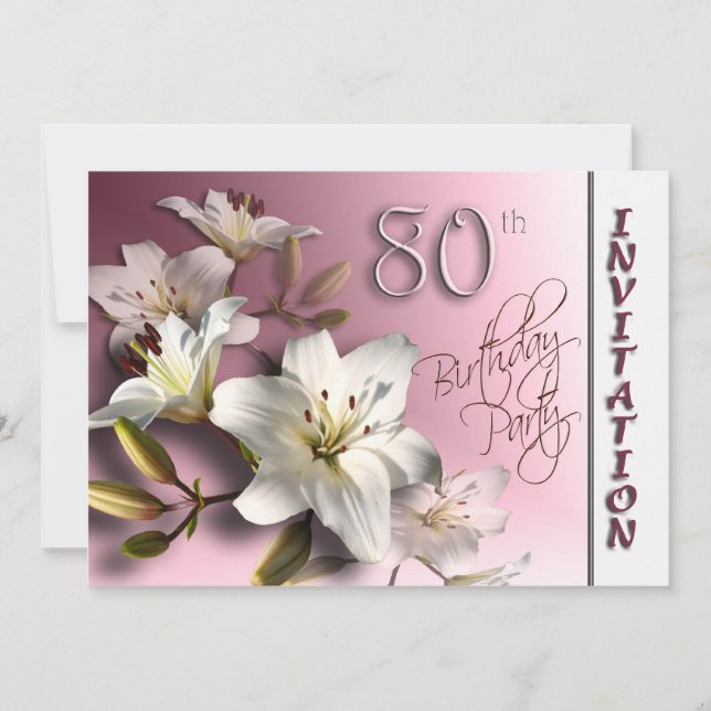 80th Birthday Party Invitation - white Lilies (Front)