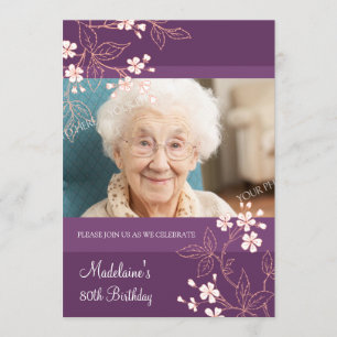 80th BIrthday Party Invitations Plum Coral Flowers