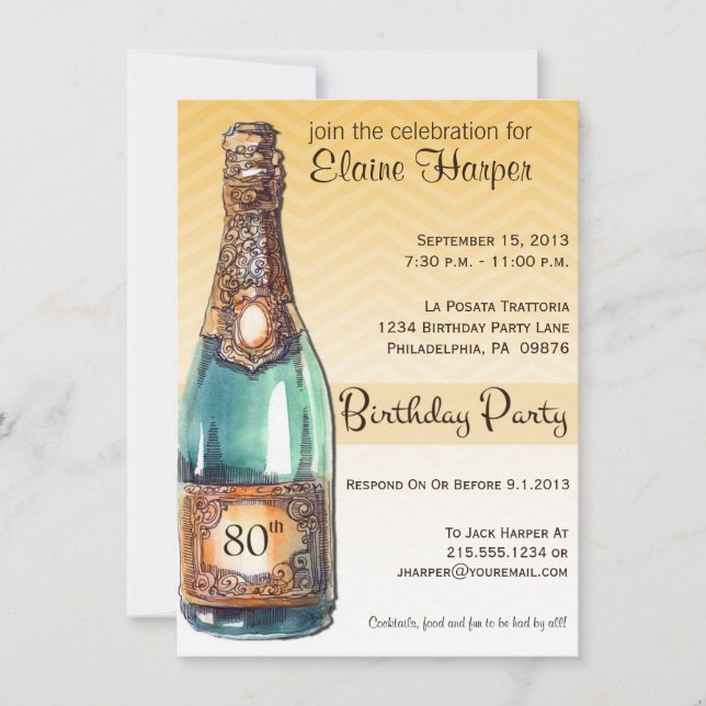 80th Birthday Party Invite in Gold Chevron Ombre (Front)