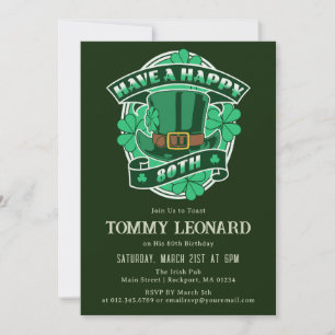 80th Birthday Party Leprechaun Hat Shamrock Irish Invitation