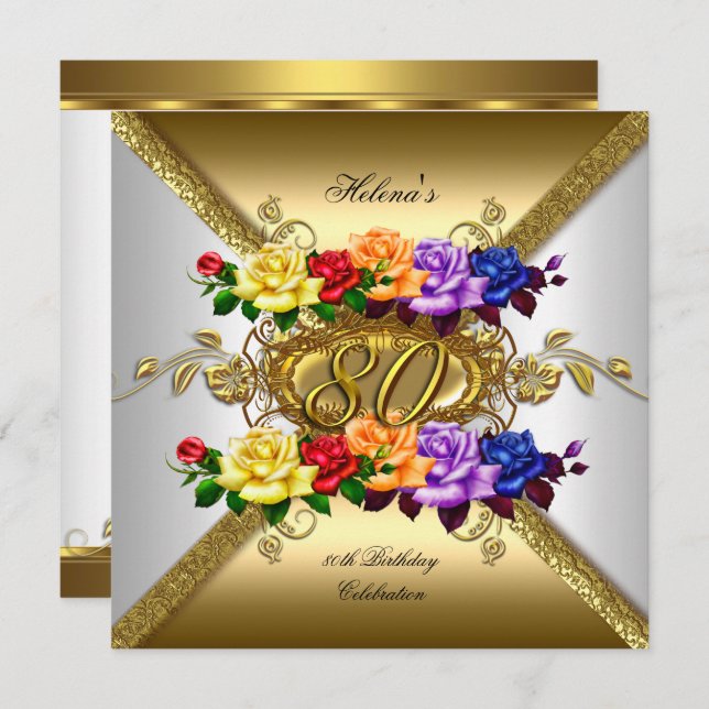 80th Birthday Party Multi Colour Gold Roses Invitation (Front/Back)