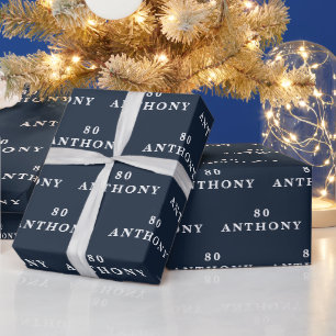 80th Birthday Party Name Navy Blue Modern Pattern Wrapping Paper