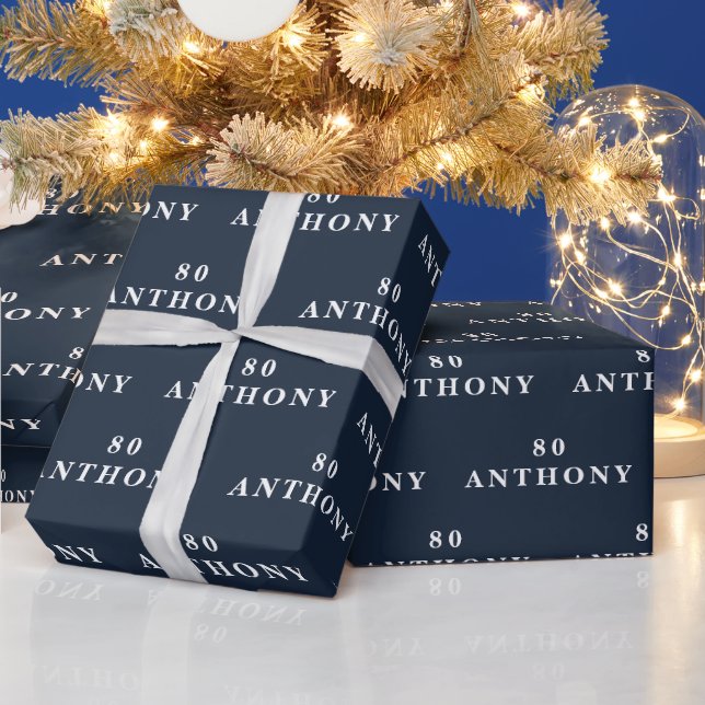 80th Birthday Party Name Navy Blue Modern Pattern Wrapping Paper (Holidays)