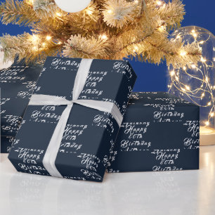 80th Birthday Party Name Navy Blue Modern Pattern Wrapping Paper