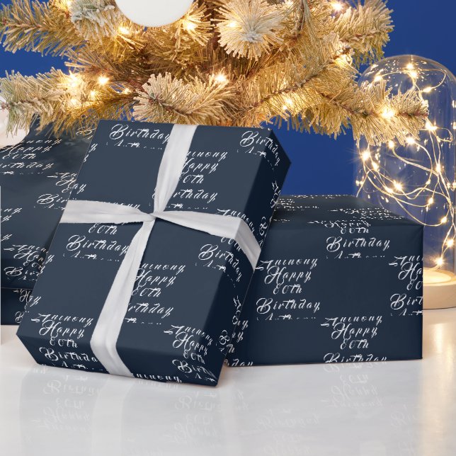 80th Birthday Party Name Navy Blue Modern Pattern Wrapping Paper (Holidays)