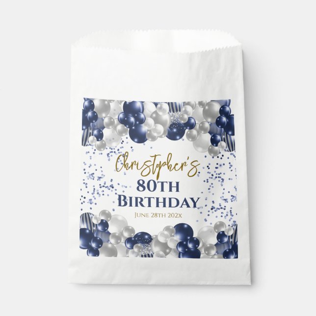 80th Birthday Party Navy Balloons Favour Bag (Front)